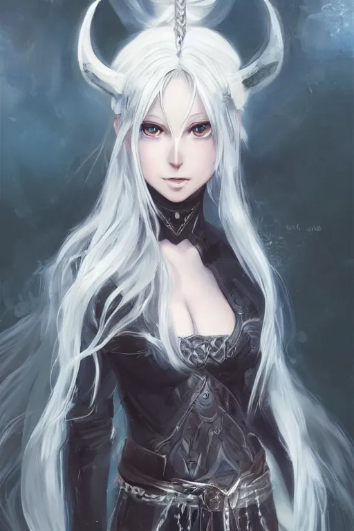 Prompt: an anime portrait of a white hair female viking, long wild hair, pale blue eyes, smirking, by WLOP, Stanley Artgerm Lau, Rossdraws, James Jean, Andrei Riabovitchev, Marc Simonetti, and Sakimichan, trending on pixiv, fully clothed, fully dressed