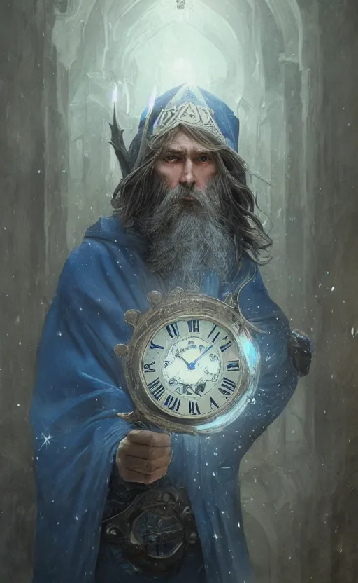 Image similar to portrait of a middle aged elf with a long beard, dressed in a blue cloak, brown grey hair, raised hand, clock iconography, detailed face, fantasy, highly detailed, cinematic lighting, digital art painting by greg rutkowski