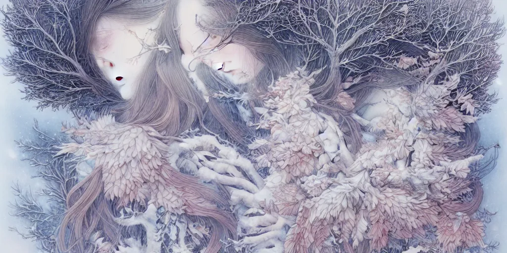 Image similar to breathtaking delicate detailed concept art winter creatures blend, by miho hirano, bizarre compositions, exquisite detail, pastel colors, 8 k