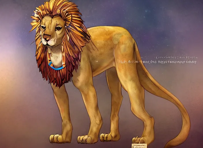 Prompt: fullbody feral egyptian lion character design of an egyptian lion. egyptian lion deviantart adoptable, style of maple story and zootopia, disney portrait studio lighting by jessica rossier and brian froud in the style of disney, traditional
