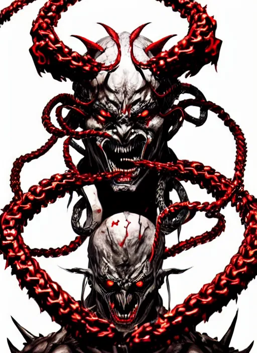 Prompt: scary demon man with twisted face, horns, white skin, red armour made of golden ornate chains. in style of yoji shinkawa and hyung - tae kim, trending on artstation, dark fantasy, great composition, concept art, highly detailed, dynamic pose.