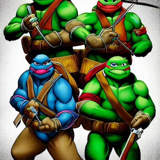 Image similar to teenage mutant ninja turtles in 1 9 9 0 s, photorealistic