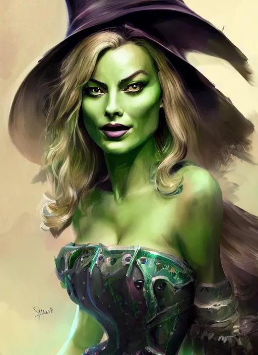 Image similar to beautiful female wicked witch, margot robbie as the wicked witch of the west, full body character concept, armor, super powers, fantasy, intricate, elegant, highly detailed, digital painting, artstation, concept art, shining, sharp focus, illustration, art by stanley lau