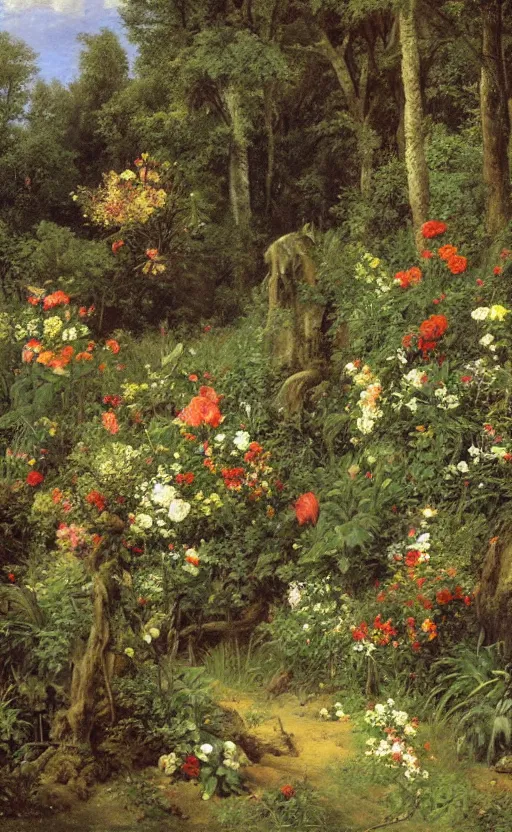 Image similar to artwork painting of a lush environment, flowers by grave by eugene von guerard, ivan shishkin