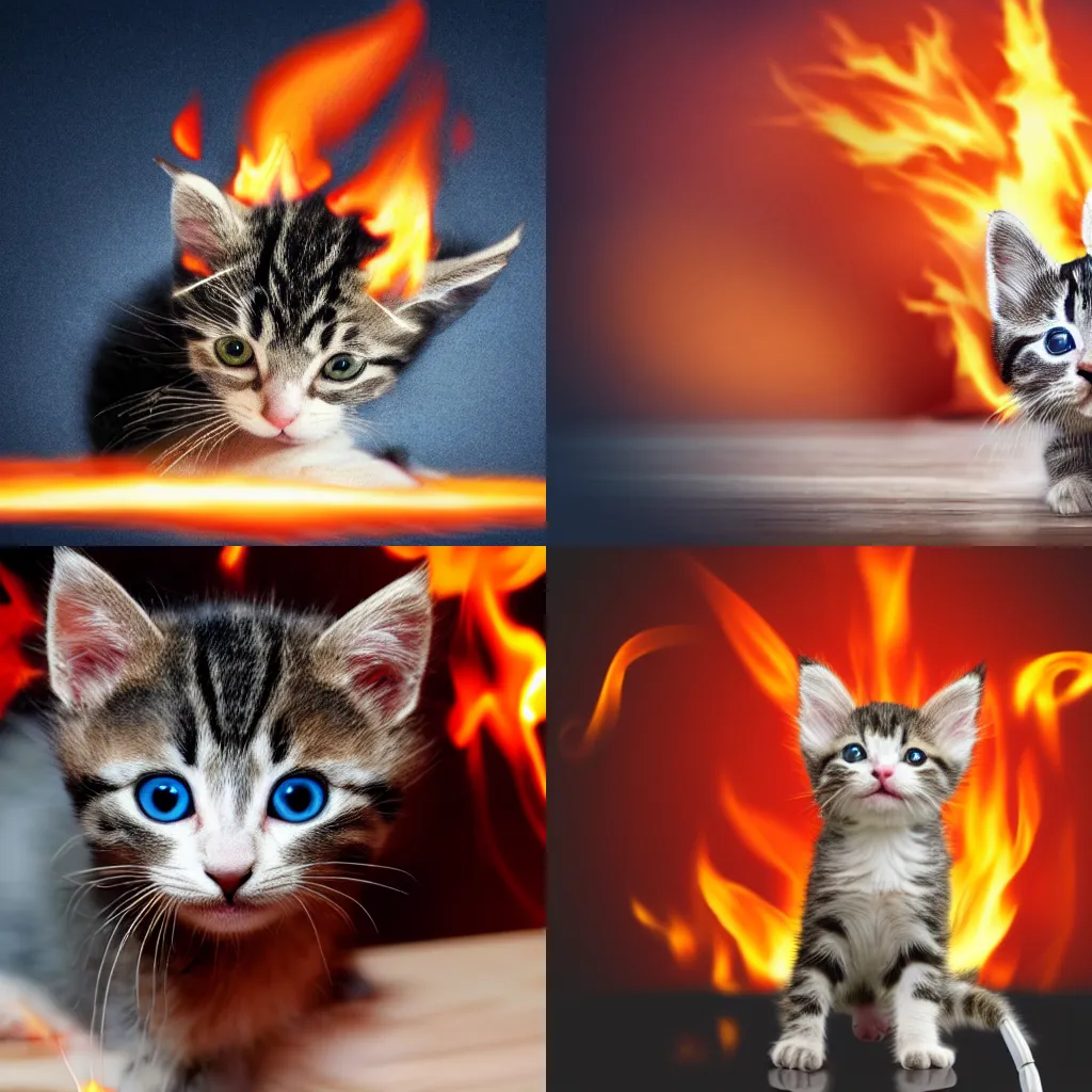 Prompt: a kitten using headphones exited with flame explosion on it's corner,