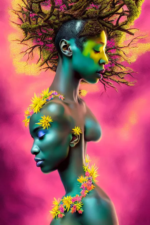 Image similar to hyperrealistic neo - rococo cinematic super expressive! yoruba goddess with exoskeleton armor, merging with tree in a forest, pink yellow flowers, highly detailed digital art masterpiece, smooth cam de leon eric zener dramatic pearlescent soft teal light, ground angle hd 8 k, sharp focus