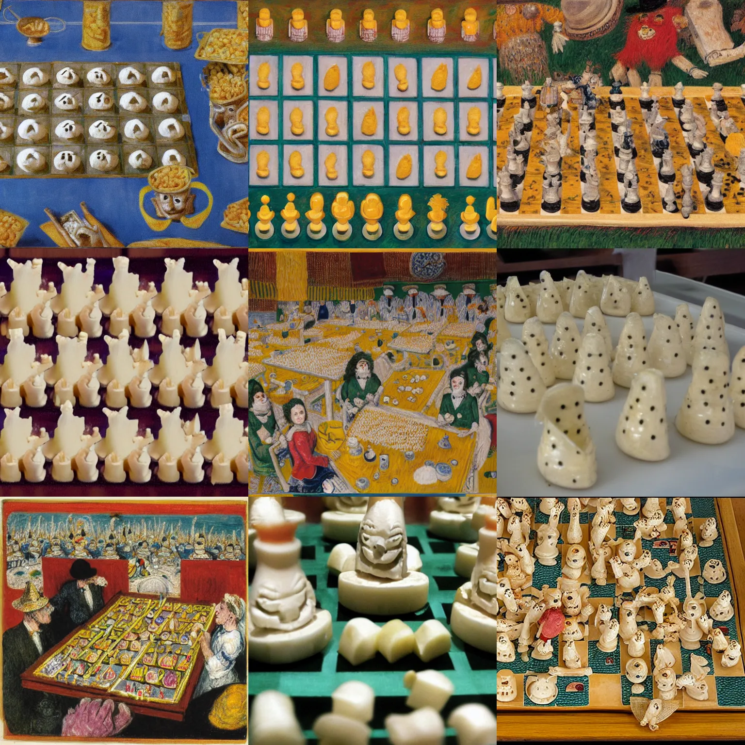 Prompt: the james ensor cheese nightmare about rice chess, which is played by the rice robots