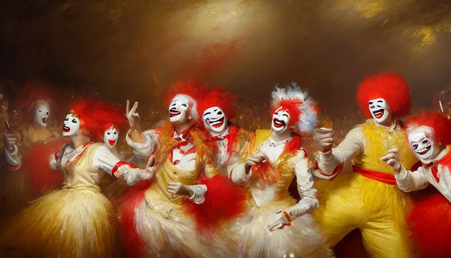 Prompt: highly detailed painting of a group of ronald mcdonalds with red afros, white facepaint, red noses and yellow waltzing gracefully at a prestigious event by william turner, by greg rutkowski, by william constable, thick brush strokes and visible paint layers, 4 k resolution