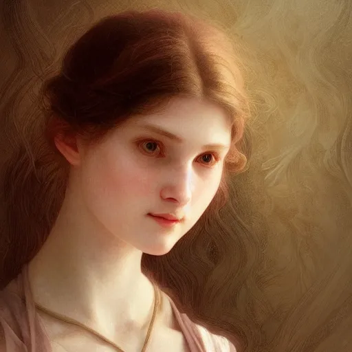 Image similar to Portrait of beautiful pale peasant girl, cinematic lighting, intricate, elegant, highly detailed, digital painting, artstation, smooth, sharp focus, illustration, art by artgerm and greg rutkowski and alphonse mucha and Wayne Barlowe and william-adolphe bouguereau