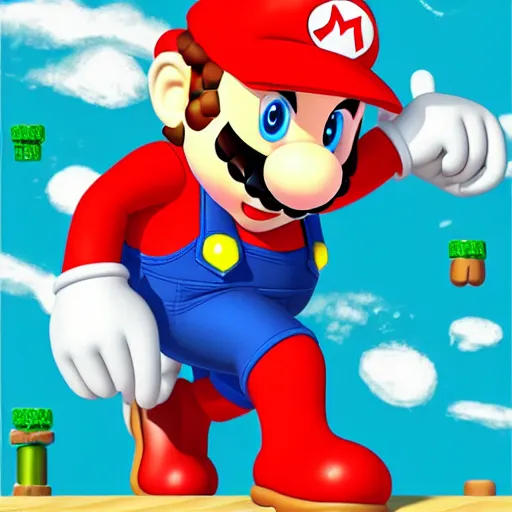 Prompt: mario with a broken neck, broken fingers, and crushed feet