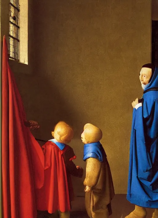 Image similar to Two little brothers meet a young man, medieval painting by Jan van Eyck, Johannes Vermeer, Florence