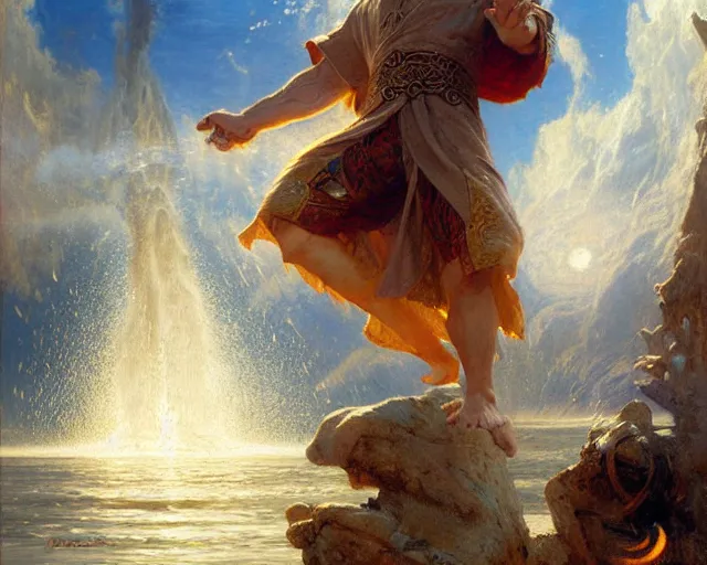 Image similar to attractive male wizard casting powerful giant tsunami spell in a beautiful lake. highly detailed painting by gaston bussiere, craig mullins, j. c. leyendecker 8 k