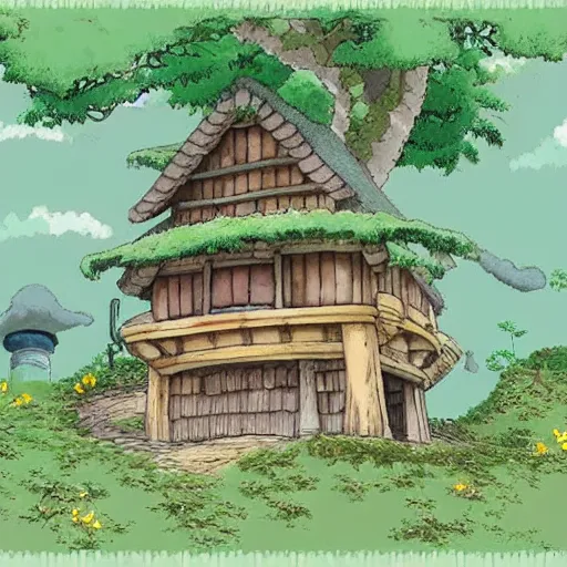 Image similar to studio ghibli hermit cottage by Hayao Miyazaki