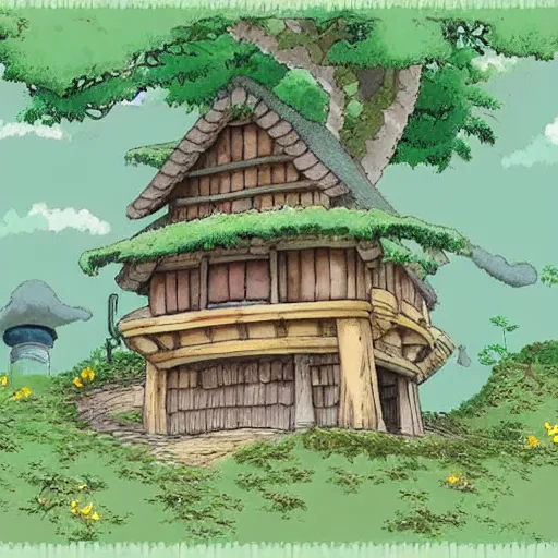 Prompt: studio ghibli hermit cottage by Hayao Miyazaki