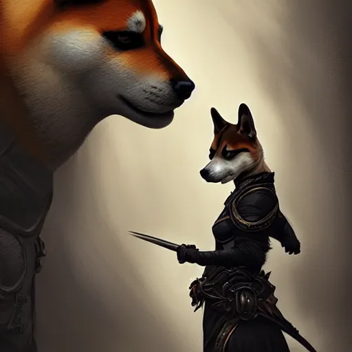 Prompt: Portrait of shiba inu assasin, dark fantasy, intricate, elegant, highly detailed, digital painting, artstation, concept art, smooth, sharp focus, illustration, art by tran ross and artgerma and greg rutkowski