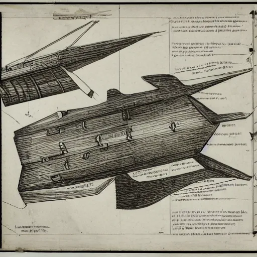 Prompt: Diagram of a spaceship, exploded view, marginalia, schematic