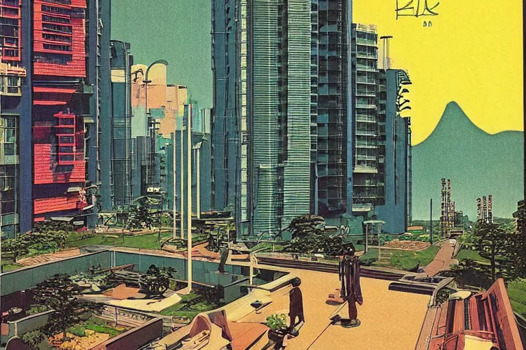 Prompt: 1 9 7 9 omni magazine cover of gated community in osaka. large modern houses. cyberpunk style by vincent di fate