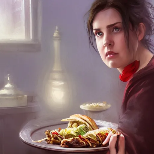 Prompt: portrait of a brunette chubby irish woman with blu eyes eating kebab, light stubble with red shirt inside victorian mansion ,digital art,photorealistoc,art by greg rutkowski,hyperdetailed,western comic style,comic,comic style,sharp lineart,professional lighting,deviantart,artstation,trevor henderson,rossdtaws,cinematic,dramatic