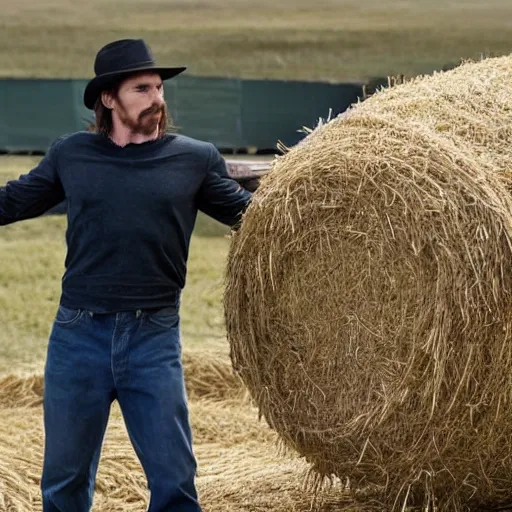 Image similar to Film still of Christian Bale, bailing hay, in new movie called the Hay Bailer