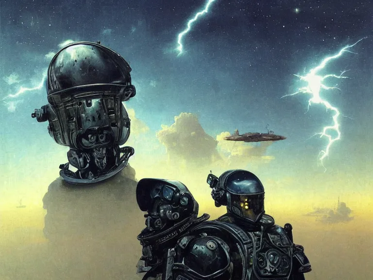 Image similar to a detailed profile oil painting of a lone bounty hunter in space armour and visor, cinematic sci-fi poster. technology flight suit, bounty hunter portrait symmetrical and science fiction theme with lightning, aurora lighting clouds and stars by beksinski carl spitzweg and tuomas korpi. baroque elements. baroque element. intricate artwork by caravaggio. Trending on artstation. 8k