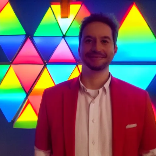 Prompt: a daytrader named jay standing proudly in front of triangular nanoleaf led lights on his wall