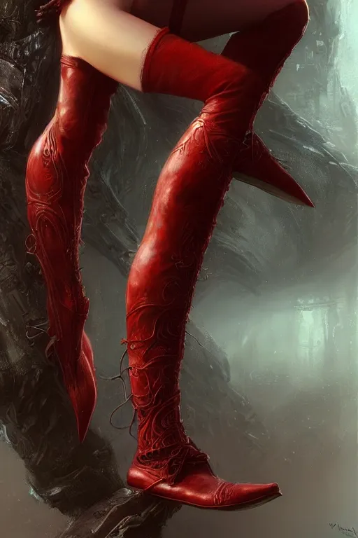 Image similar to red women's boots, shoes only, by wlop, by luis royo, by peter mohrbacher, concept art, digital illustration, intricate, masterpiece, elegant, super detailed, unreal engine rendering, smooth, sharp focus, artstation hq