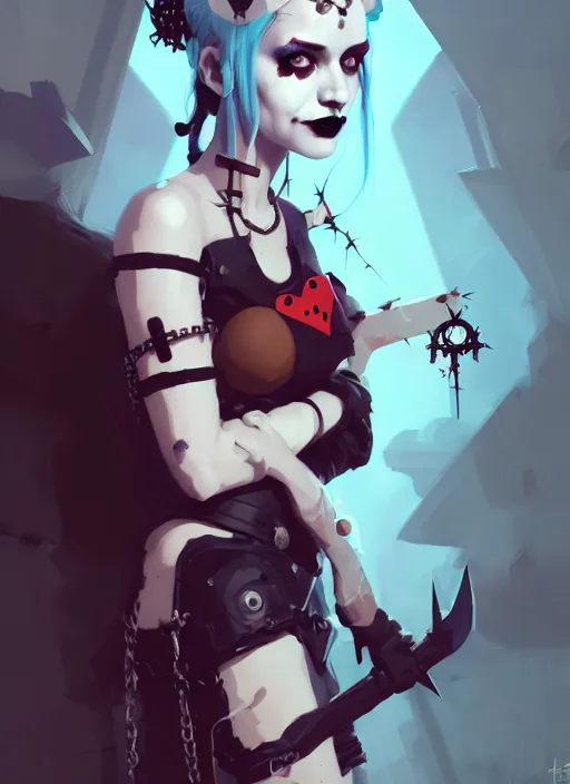 Image similar to portrait of cute goth harley quinn girl with crown of thorns, warhammer, cyberpunk, by atey ghailan, by greg rutkowski, by greg tocchini, by james gilleard, by joe fenton, by kaethe butcher, dynamic lighting, gradient light blue, brown, blonde cream and white color in scheme, grunge aesthetic