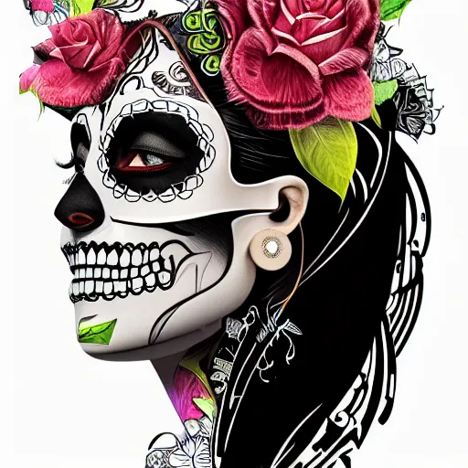 Prompt: A highly stylized digital HD photorealistic 4k octane rendering of the face of a tattooed Day of the Dead skull smiling head and shoulders three-quarters profile view, with flowers, intricate patterns on face, lettering on a poster promoting AI Art World 2020, lit from back, left and right