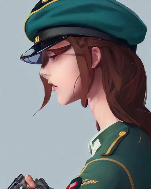 Image similar to young woman with shoulder length light brown hair and hazel eyes dressed in a sharp dark teal military uniform and beret, anime, ilya kuvshinov, greg rutkowski, guweiz, ross tran, loish, svetlana tigai, artgerm, artstation trending, concept art, digital painting