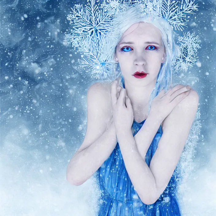 Image similar to full body portrait of a sickly looking woman dying of hypothermia, with very white skin and pale blue hair wearing a long white dress made out of snowflakes in the middle of a heavy snowstorm. blue lips. digital art by maromi sagi