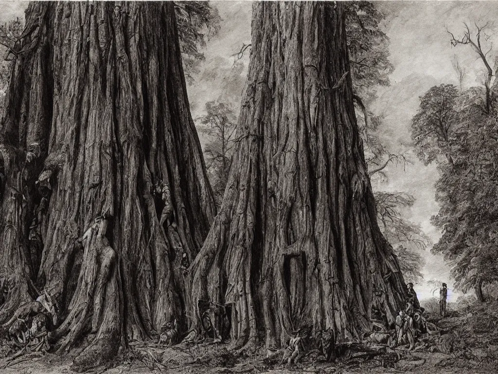 Image similar to People from the tribes stuck in the mud near a giant fallen sequoia tree. Painting by Caspar David Friedrich, Sebastiao Salgado