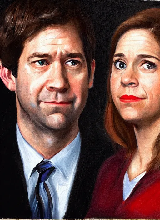 Image similar to portrait painting of jim halpert and pam beesly, dark background, in the style of caravaggio