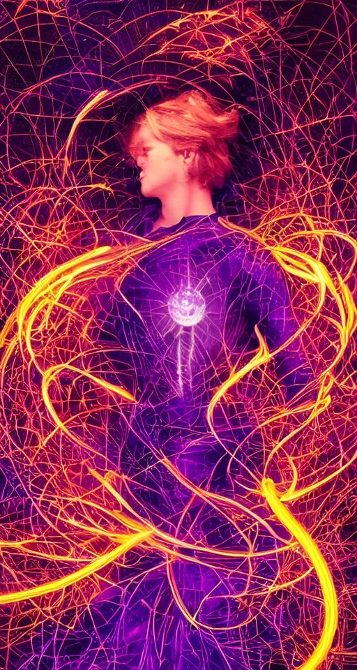 Image similar to she dreams of arcs of purple flame intertwined with glowing sparks, glinting particles of ice, dramatic lighting, steampunk, bright neon, secret holographic cyphers, red flowers, solar flares, high contrast, smooth, sharp focus, art nouveau, intricate art by Annie Liebowitz