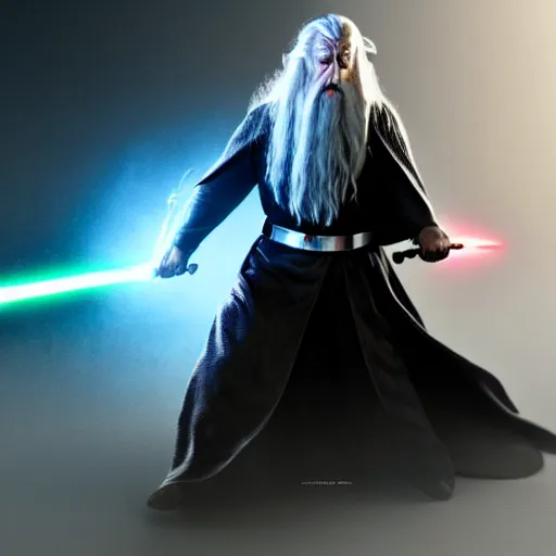 Image similar to gandalf in a scene of star wars, fight with dark vader, horror style, lovecraft, 8 k, photorealistic, octane render, award winning photography, sci - fi atmosphere, cinematic, hyper realism