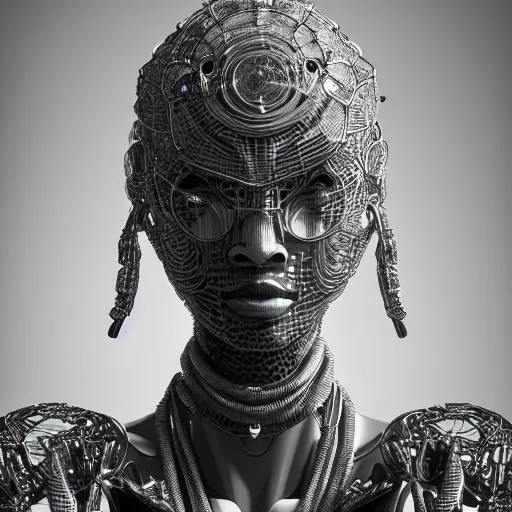 Prompt: portrait of an absurdly beautiful, graceful, sophisticated, fashionable african cyberpunk mechanoid gravure idol, ultrafine hyperdetailed illustration by irakli nadar, matt wisniewski style, marvel comics, intricate linework, porcelain skin, neon jellyfish headdress, ivory carved ruff, unreal engine 5 highly rendered, global illumination, radiant light, detailed and intricate environment