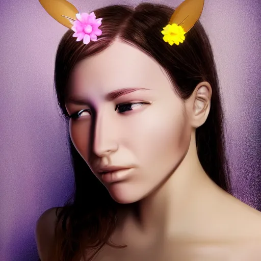 Prompt: female photorealistic cyborg face with flower antennas
