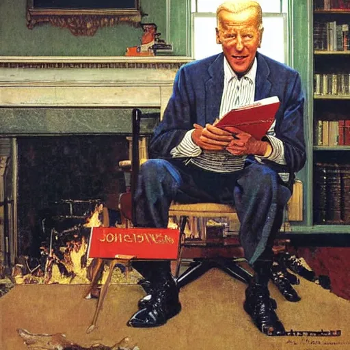 Image similar to eye level realistic portrait painting by Norman Rockwell of Joe Biden sitting in a chair. Cozy fire. Legs apart