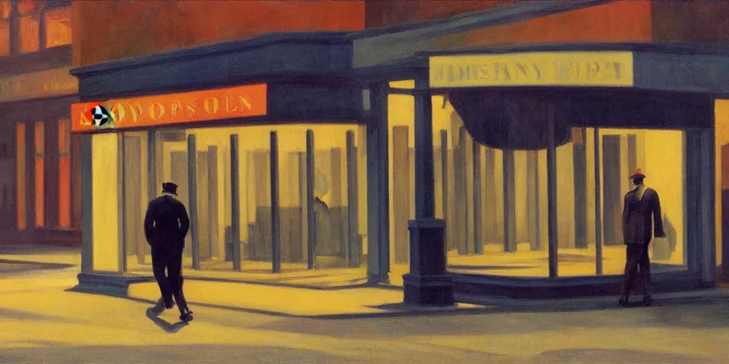 Prompt: a Edward Hopper painting of a bussiness walking alone in a empty street at night