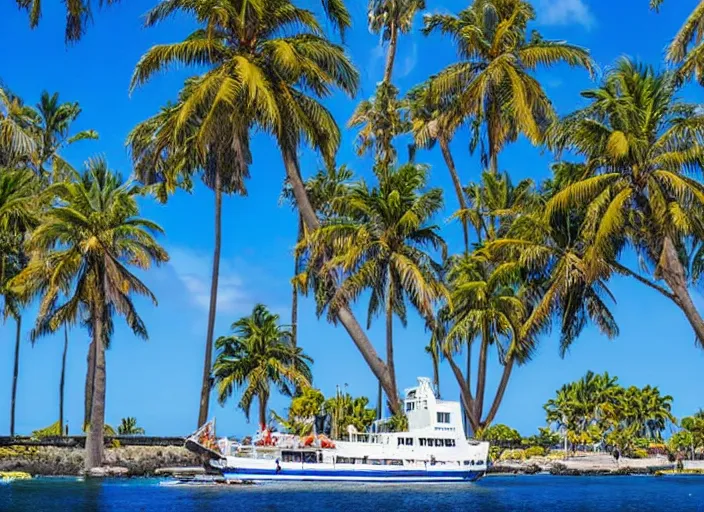 Prompt: photo of the hms bounty ship, full view, in a tranquil beautiful island cove with palm trees, a volcano smoking