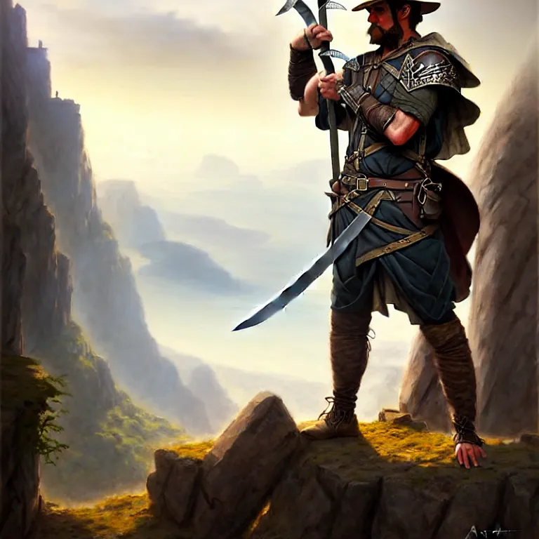 Image similar to middle age ranger with rugged expressions falcon pet on his shoulder holding a long sword, top a cliff observing old ruins of a castle, elegant clothing, photorealistic render, matte painting, highly detailed, artstation, smooth, sharp focus, art by, artgerm, greg rutkowski