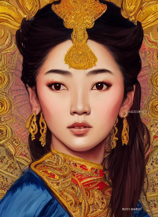 Image similar to portrait of a thai supermodels wearing traditional costume, highly detailed, digital painting, artstation, concept art, sharp focus, illustration, art by kittichai rueangchaichan and james gurney and alphonse mucha