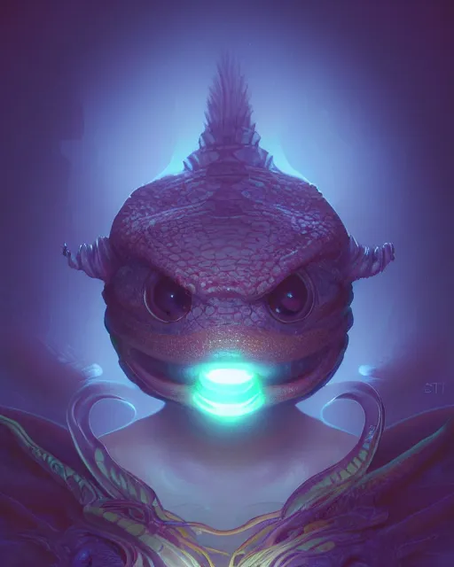 Prompt: one singular portrait of a cute bioluminescent scaly creature with glowing eyes, highly detailed, digital painting, cinematic, hyper realism, dark retrowave, art by Stanley Lau and Artgerm and magali villeneuve and Alphonse Mucha, artstation, octane render, cgsociety