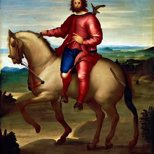 Image similar to renaissance painting of messi dressed in grenadier clothing on horseback