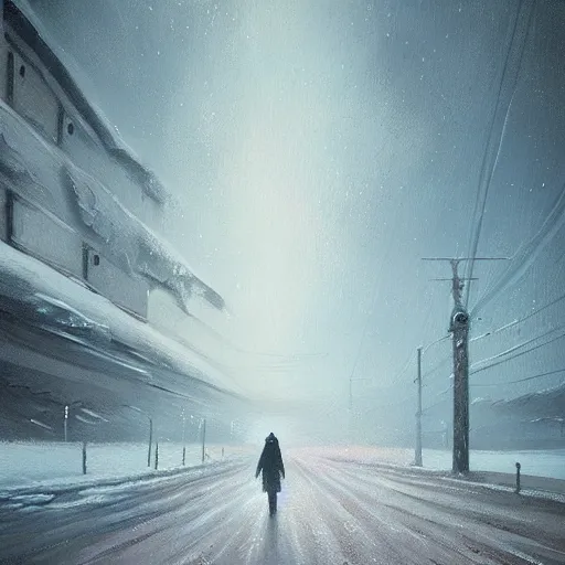 Image similar to a painting of a person standing in the snow, a surrealist painting by alena aenami, deviantart, nuclear art, dystopian art, apocalypse landscape, surrealist