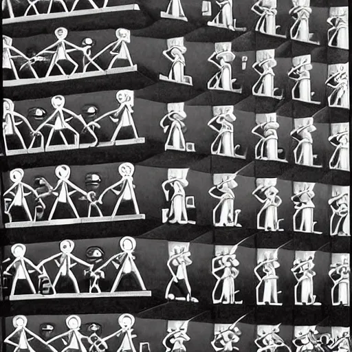 Image similar to robots marching on stairs by MC Escher