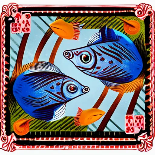 Image similar to two fishes sitting at a table playing cards at the bottom of the sea, the table has a checkered table cloth, lowbrow surrealistic, in the style of mark ryden,