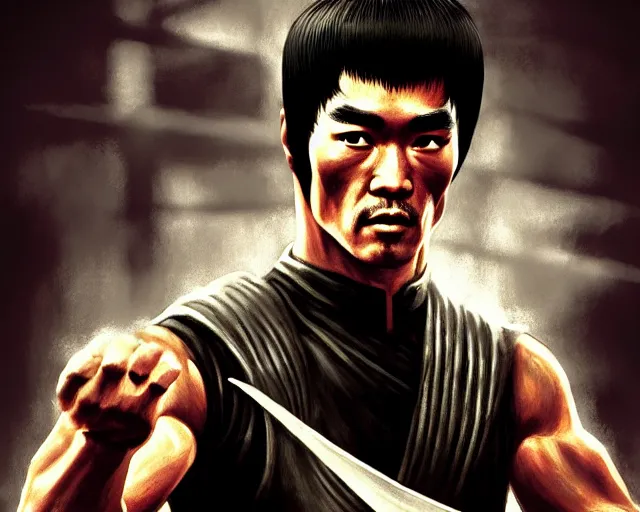 Prompt: a gaming screenshot still portrait of bruce lee in mortal kombat, deep focus, d & d, fantasy, intricate, elegant, highly detailed, digital painting, artstation, concept art, matte, sharp focus, illustration, dark fantasy style art, hearthstone, art by artgerm and greg rutkowski and alphonse mucha