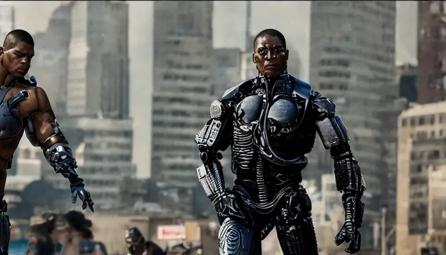 Prompt: big budget action movie about cyborg fighting a policeman