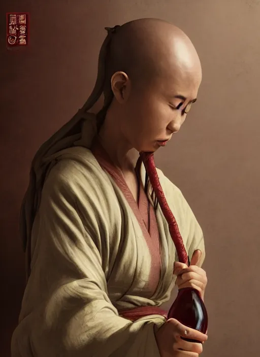 Prompt: full portrait of a female monk drinking from a wine gourd by wlop, wuxia, xianxia, drunken boxing, drunken fist, drunken master, weathered olive skin, athletic, playful, fully clothed, monk's robe, wine gourd, detailed, realistic, anatomically accurate, fantasy illustration, artstation, wlop.