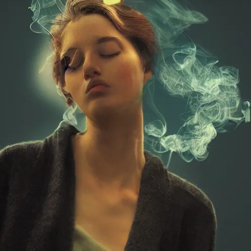 Prompt: a beautiful photo of a smoking person. impressionism. poster. matte painting. octane render